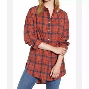 Alex Mill Plaid Popover Crinkle Tunic Shirt S Red Navy Stretch Minimalist Career